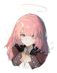 1girl arknights black_collar black_jacket chinese_commentary closed_mouth collar collared_jacket commentary_request cropped detached_wings energy_wings hair_between_eyes halo jacket lemuen_(arknights) light_blush light_smile long_hair looking_at_viewer miyabi_(inarizushi) open_clothes open_jacket pink_eyes pink_hair pink_halo portrait shirt simple_background solo white_shirt wings