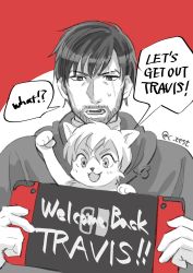 1boy animal artist_request beard blush chibi dog english_text facial_hair highres male_focus monochrome nintendo_switch no_more_heroes no_more_heroes_3 playing_games scar scar_across_eye scar_on_face short_hair smile speech_bubble travis_touchdown