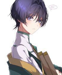 Rule 34 | 1boy, akademiya uniform, alternate costume, blunt ends, blush, book, choppy bangs, closed mouth, coat, dlgodls0731, eyelashes, eyeliner, eyeshadow, from side, genshin impact, green coat, green sleeves, green trim, hair intakes, highres, korean text, looking at viewer, makeup, male focus, off shoulder, portrait, purple eyes, purple hair, purple pupils, red eyeliner, red eyeshadow, scaramouche (genshin impact), shirt, solo, spoken blush, turtleneck, turtleneck shirt, white background, white shirt