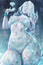 Rule 34 | 1girl, breasts, commentary, crystal hair, diamond (gemstone), diamond earrings, earrings, emma frost, english commentary, from below, heart-shaped gem, highres, jewelry, marvel, marvel rivals, nipples, prywinko, short hair, solo