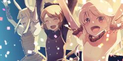 3girls armor armored_dress arms_up atoki blonde_hair blush bow brown_bow brown_dress closed_eyes commentary double_bun dress ebisu_eika english_commentary game_cg grey_hair hair_bow hair_bun highres joutouguu_mayumi kurodani_yamame long_earlobes long_hair long_sleeves multiple_girls official_art open_mouth puffy_short_sleeves puffy_sleeves short_sleeves smile sweat sweatdrop third-party_source touhou touhou_lostword vambraces yellow_armor