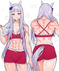 1girl abs absurdres animal_ears ass breasts cleavage collarbone from_behind gold_ship_(umamusume) grey_hair highres holding holding_towel horse_ears horse_girl horse_tail long_hair looking_at_viewer medium_breasts multiple_views muscular muscular_female navel qiandaiyiyu red_shorts red_sports_bra shorts smile sports_bra sweat tail towel umamusume
