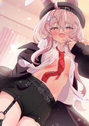 1girl :d absurdres ahoge animal_ears belt belt_buckle beret black_belt black_jacket black_shorts blush bow breasts buckle collared_shirt commission cowboy_shot curtains dress_shirt dutch_angle fang finger_to_mouth from_below garter_straps glasses hair_between_eyes hair_bow hair_ornament hairclip hat heart heart-shaped_pupils highres indoors jacket lens_flare long_hair long_sleeves looking_at_viewer medium_breasts navel necktie no_bra off_shoulder open_clothes open_jacket open_mouth open_shirt original partially_unbuttoned pink_eyes pink_hair plaid_clothes plaid_necktie puffy_sleeves rabbit_ears rabbit_girl rabbit_hair_ornament red_necktie round_eyewear shiro9jira shirt short_shorts shorts skeb_commission skin_fang sleeves_past_wrists smile solo symbol-shaped_pupils thick_eyebrows unbuttoned unbuttoned_shirt underboob virtual_youtuber white_shirt x_hair_ornament