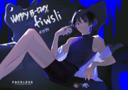 1boy alternate_costume bare_shoulders bespectacled black_hair black_nails black_shirt black_shorts blunt_ends broken_doll closed_mouth clothes_down colored_inner_hair contemporary couch covered_collarbone covered_pectorals crossed_legs dated doll genshin_impact glasses hair_intakes hand_up happy_birthday highres holding holding_doll leaning_back looking_at_viewer male_focus multicolored_hair on_couch open_hand paulinfeinberg pectorals purple_eyes purple_hair scaramouche_(genshin_impact) semi-rimless_eyewear shirt shorts sidelighting sitting skin_tight smile solo stuffed_toy stuffing toned toned_male turtleneck turtleneck_shirt white_shirt white_sleeves