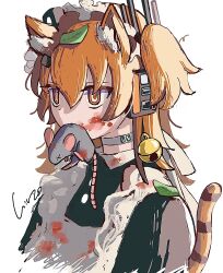 1girl a.i._voice adachi_rei alternate_costume animal_ears apron black_dress blood blood_on_clothes blood_on_face choker cropped_torso dress frilled_apron frilled_hairband frills grey_choker hair_between_eyes hair_ribbon hairband headlamp headphones highres hire_(hire77) microphone mouse_(animal) mouth_hold orange_eyes orange_hair orange_tail ribbon side_ponytail simple_background solo utau white_apron white_background white_hairband white_ribbon
