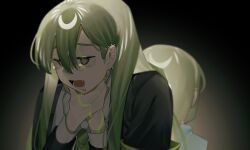 Rule 34 | 2boys, :d, ambiguous green liquid, armband, back-to-back, black jacket, crying, crying with eyes open, dress shirt, drooling, dual persona, enkephalin (project moon), fang, giovanni (project moon), green armband, green hair, green nails, green necktie, hands on own neck, highres, jacket, lobotomy corporation, long hair, male focus, multiple boys, necktie, netzach (project moon), open mouth, project moon, sad smile, saliva, shirt, short hair, smile, strangling, suit jacket, tearing up, tears, toeiki c, white shirt