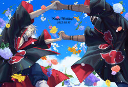 2boys akatsuki_uniform black_nails blue_sky closed_eyes cloud cloudy_sky dated field flower flower_field forehead_protector green_eyes grey_hair grin happy_birthday hidan_(naruto) highres holding_hands interlocked_fingers kakuzu_(naruto) male_focus mask mouth_mask multiple_boys nail_polish naruto_(series) naruto_shippuuden ninja ninja_mask outdoors pink_flower purple_flower short_hair sky smile tattoo teeth white_flower yellow_flower yi_(199702090505)
