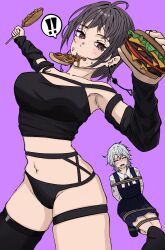 ! 2girls absurdres aguxxxuu bikini bikini_bottom_only black_bikini black_dress black_shirt black_thighhighs bound breasts burger chainsaw_man closed_eyes crying dress earrings fami_(chainsaw_man) food fourth_east_high_school_uniform grey_hair highres holding holding_burger holding_food holding_skewer hot_dog hot_dog_bun jewelry large_breasts mouth_hold multiple_girls open_mouth pinafore_dress pizza purple_background purple_eyes school_uniform shirt simple_background single_thighhigh skewer sleeveless sleeveless_dress speech_bubble spoken_exclamation_mark swimsuit thighhighs tied_up_(nonsexual) famine_devil_(chainsaw_man) white_shirt