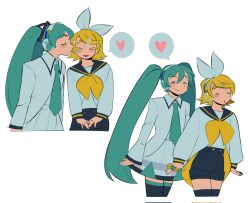 &gt;_&lt; 2girls :3 ^_^ aqua_hair aqua_necktie black_sailor_collar black_shorts blonde_hair boots bow closed_eyes collared_jacket colored_eyelashes fidgeting flower_ring hair_bow hair_ornament hairclip happy hatsune_miku headphones headset heart highres jacket kagamine_rin kiss kissing_cheek long_hair long_sleeves multiple_girls nanaranjal neckerchief necktie own_hands_together pleated_skirt sailor_collar sailor_shirt shirt short_hair shorts skirt smile spoken_heart swept_bangs thigh_boots thighhighs twintails very_long_hair vocaloid white_bow white_jacket white_skirt x3 yellow_neckerchief yuri zettai_ryouiki