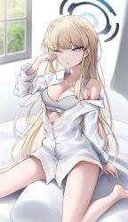 1girl alternate_costume bed_sheet blonde_hair blue_archive blue_eyes blue_halo bra breasts cleavage closed_mouth collared_shirt day dress_shirt erbium grey_bra halo hand_up highres indoors long_hair looking_at_viewer medium_breasts one_eye_closed partially_unbuttoned shirt sitting solo sports_bra toki_(blue_archive) tsurime underwear very_long_hair white_shirt