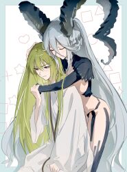 Rule 34 | 1girl, 1other, androgynous, blue hair, blush, braid, breasts, closed eyes, curled horns, enkidu (fate), fate/grand order, fate (series), gamdol 1, green hair, hair between eyes, highres, horns, hug, hug from behind, kingu (fate), large breasts, long hair, purple eyes, robe, shrug (clothing), smile, tiamat (fate), tiamat (femme fatale) (fate), very long hair, white robe