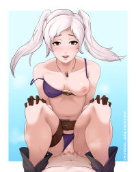 age_difference artist_name belt bikini bikini_bottom_aside blush boots brown_eyes brown_gloves censored clothing_aside cowgirl_position eyebrows_hidden_by_hair female_pubic_hair female_robin_(fire_emblem) fire_emblem fire_emblem_awakening fire_emblem_heroes girl_on_top gloves jewelry necklace official_alternate_costume one_breast_out onee-shota pubic_hair purple_bikini ricken_(fire_emblem) shota straddling stradivarius sweat swimsuit tagme white_hair