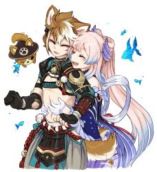 1boy 1girl ^_^ ^o^ animal_ears armor bare_shoulders belly_rub black_collar blue_hair blunt_bangs blush bow-shaped_hair closed_eyes collar dog dog_boy dog_ears dog_tail dress fish frilled_sleeves frills genshin_impact gloves gorou_(genshin_impact) gradient_hair hair_between_eyes hair_ornament hakama hakama_shorts hetero igote japanese_armor japanese_clothes long_hair midriff mr._tiaa multicolored_clothes multicolored_hair one_eye_closed orange_hair paw_print pink_hair pom_pom_(clothes) ponytail purple_dress rope sangonomiya_kokomi shimenawa short_hair shorts smile tail tail_wagging tassel vambraces white_background white_gloves