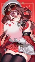 Rule 34 | 1girl, absurdres, black thighhighs, blush, boo tao (genshin impact), brown hair, chinese clothes, eyewear on head, flower, flower-shaped pupils, genshin impact, ghost, hair between eyes, hat, highres, hu tao (cherries snow-laden) (genshin impact), hu tao (genshin impact), long hair, long sleeves, looking at viewer, official alternate costume, one eye closed, red-framed eyewear, red background, red eyes, smile, solo, symbol-shaped pupils, teeth, thighhighs, twintails, very long hair, white hat, yasaikakiage