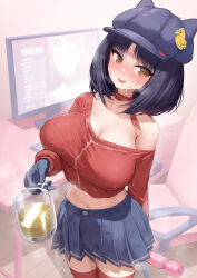 1girl black_hair blue_gloves blue_skirt blush breasts brown_hair commentary cool_mita_(miside) cool_mita_(miside)_(cosplay) cosplay cup english_commentary gao_(gaolukchup) gloves hat highres holding holding_cup indoors large_breasts long_sleeves loogchoob_(gaolukchup) looking_to_the_side miside mita_(miside) mita_(miside)_(cosplay) navel original pee peeing peeing_in_cup red_shirt red_thighhighs sample_watermark sex_toy shirt short_hair skirt solo thighhighs vibrator watermark