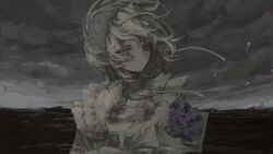 1girl bouquet closed_mouth cloud cloudy_sky dress flower hairband highres holding holding_bouquet looking_to_the_side medium_hair mole mole_under_eye ocean original purple_eyes purple_flower purple_hairband sky solo twitter_username white_dress xyz_0dr