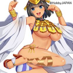 1girl ad ancient_egyptian ancient_egyptian_clothes ancient_princess_menace armpits ass bangle bare_shoulders black_hair blue_eyes blue_nails blue_panties blue_stripes blunt_bangs blunt_ends blush bracelet breasts clenched_hands copyright_notice crown detached_sleeves feet gold groin headpiece high_heels hobbyjapan jewelry large_breasts linea_alba loincloth looking_at_viewer menace_(queen&#039;s_blade) menace_(queen&#039;s_blade_unlimited) midair navel o-ring o-ring_bottom official_art open_mouth panties queen&#039;s_blade queen&#039;s_blade_unlimited queen&#039;s_blade_white_triangle revealing_clothes ring sandals shiny_skin short_hair smile solo sparkle stomach striped_clothes striped_panties teeth thighs toes tongue underboob underwear white_background white_panties