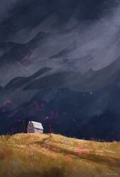 Rule 34 | cloud, dark cloud, field, grass, house, landscape, no humans, original, outdoors, painterly, path, road, scenery, tall grass, zandra