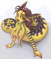 1girl breasts chiaki_(tom910) colored_skin female_focus highres magic:_the_gathering monster_girl personification shriek_maw shriekmaw solo tentacles third_eye tom910 white_background yellow_skin
