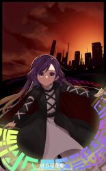 Rule 34 | 1girl, black dress, brown hair, building, closed mouth, dress, gradient hair, highres, hijiri byakuren, hokkai, holding, holding scroll, keiki8296, layered dress, long hair, long sleeves, looking at viewer, makai (touhou), multicolored hair, purple hair, scroll, smile, solo, sorcerer&#039;s sutra scroll, touhou, undefined fantastic object, white dress, yellow eyes