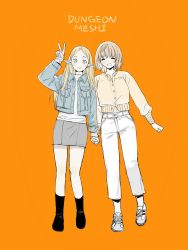 2girls black_footwear blonde_hair capri_pants cardigan denim denim_jacket dungeon_meshi elf english_text falin_touden falin_touden_(tallman) frs2 full_body green_eyes highres holding_hands jacket long_hair marcille_donato multiple_girls pants pointy_ears shoes skirt sneakers v yellow_background