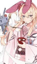 1girl :3 anchor_hair_ornament blonde_hair blush bowl chopsticks eating flower food gomashiopappa_k hair_between_eyes hair_flower hair_ornament highres holding holding_bowl holding_chopsticks japanese_clothes kantai_collection kimono kine long_hair long_sleeves looking_at_viewer mallet mochi mochi_trail notice_lines obi pink_kimono pom_pom_(clothes) red_flower rensouhou-chan sash shimakaze_(kancolle) shimakaze_(new_year)_(kancolle) simple_background white_background wide_sleeves
