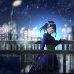 Rule 34 | 1girl, blue dress, blue eyes, blue hair, breasts, corset, dress, gradient hair, grey corset, hand on railing, highres, ju1ywhite, kurokawa akane, looking at viewer, multicolored hair, night, oshi no ko, smile, solo