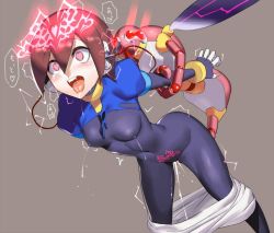 1girl ahegao aile_(mega_man_zx) bestiality blush bodystocking breasts brown_hair bug commentary_request corruption covered_erect_nipples covered_navel cyrborg drooling electricity electrostimulation female_ejaculation female_ejaculation_through_clothes gloves glowing grey_background hacking heart heart-shaped_pupils lactation lactation_through_clothes medium_breasts mega_man_(series) mega_man_zx mind_control navel open_mouth oversized_insect pubic_tattoo puffy_short_sleeves puffy_sleeves raised_eyebrows rape robot saliva short_hair short_sleeves simple_background skin_tight solo speech_bubble spoken_heart symbol-shaped_pupils tattoo teeth tongue tongue_out translated trembling ukimukai upper_teeth_only wasp