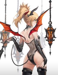 1girl absurdres ass back bare_shoulders black_thighhighs blonde_hair breasts bridal_gauntlets demon_horns demon_tail demon_wings detached_collar detached_sleeves fate/apocrypha fate_(series) green_eyes highleg highleg_leotard highres horns large_variant_set leotard long_hair looking_at_viewer looking_back mordred_(fate) mordred_(fate/apocrypha) ponytail see-through_clothes see-through_leotard sidelocks small_breasts smile solo tail thighhighs tonee variant_set wings