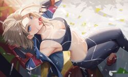 1girl against_wall armpits bikini_bridge black_sports_bra blonde_hair blue_eyes blue_jacket breasts cammy_white candy cleavage confetti crop_top crossed_legs dutch_angle fingerless_gloves fingernails food from_above gloves groin highres holding holding_candy holding_food holding_lollipop jacket lollipop long_fingernails looking_at_viewer medium_hair midriff navel neo_(neorarty3) open_clothes red_shoes scar scar_on_face shoes solo sports_bra steepled_fingers street_fighter street_fighter_6 tongue tongue_out
