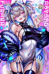 Rule 34 | 1girl, absurdres, animal ear fluff, animal ears, bare shoulders, black jacket, black thighhighs, blonde hair, blue hair, breasts, character name, chibi, chibi inset, clothing request, cowboy shot, day-0, dog ears, dog girl, dog tail, dress, fuwawa abyssgard, garter straps, highres, hololive, jacket, large breasts, long hair, mococo abyssgard, multicolored hair, off shoulder, pink background, sideboob, solo, streaked hair, tail, thighhighs, two-tone hair, two side up, virtual youtuber, white dress