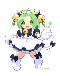 1girl absurdres ahoge animal_hat apron bell black_bow bow cat_hat dejiko di_gi_charat dot_nose full_body gloves green_eyes green_hair hair_bell hair_ornament hat heart highres neck_bell odetooo open_mouth simple_background solo twintails white_apron white_background white_gloves