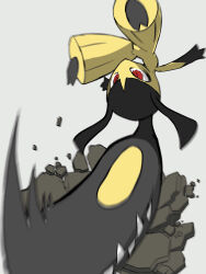 acrobatics artist_request creatures_(company) destruction disgust extra_mouth full_body game_freak gen_3_pokemon highres mawile motion_blur nintendo pokemon pokemon_(creature) red_eyes serious sharp_teeth simple_background teeth