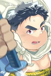 Rule 34 | 1boy, artist name, black hair, cape, close-up, commentary, dated, diffraction spikes, echigo (tamacolle), highres, holding, holding sword, holding weapon, katana, looking at viewer, male focus, maru (maru 707), red eyes, sweat, sword, tamacolle, upper body, weapon, white background, white cape