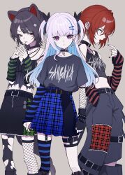 Rule 34 | 3girls, ange katrina, animal ears, arm warmers, asymmetrical legwear, baggy pants, belt, black arm warmers, black belt, black camisole, black collar, black gloves, black hair, black nails, black ribbon, black skirt, black thighhighs, blue arm warmers, blue eyes, blue hair, blue thighhighs, breasts, camisole, closed mouth, collar, collarbone, color-coded, colored inner hair, commentary request, dog ears, dog girl, dog tail, ear piercing, earrings, feet out of frame, fingerless gloves, fishnet thighhighs, fishnets, flower, frown, gloves, green arm warmers, green skirt, grey background, grey pants, grey shirt, grey tail, group name, group picture, hair behind ear, hair flower, hair intakes, hair ornament, hair ribbon, hairpin, hand in pocket, hands up, haruwo, heterochromia, highres, horizontal-striped thighhighs, inui toko, jewelry, layered skirt, leg belt, legwear garter, lize helesta, looking at viewer, midriff, miniskirt, mismatched legwear, multicolored hair, multiple girls, multiple hairpins, nail polish, navel, nijisanji, official alternate costume, open mouth, pants, pendant, piercing, ponytail, punk, purple eyes, red arm warmers, red eyes, red hair, ribbon, sanbaka (nijisanji), shirt, shirt tucked in, short sleeves, sidelocks, simple background, single arm warmer, single earring, single fishnet armwear, single glove, single sidelock, single thighhigh, skirt, small breasts, spiked collar, spikes, standing, steepled fingers, streaked hair, striped arm warmers, studded belt, t-shirt, tail, tank top, thigh strap, thighhighs, tongue, tongue out, torn camisole, torn clothes, torn pants, torn thighhighs, triangle earrings, two-tone hair, two side up, v-shaped eyebrows, virtual youtuber, white hair, wolf cut, yellow eyes