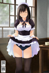 1girl ^_^ alternate_costume apron black_buruma black_dress black_hair black_ribbon blurry blurry_background breasts brown_thighhighs buruma closed_eyes clothes_lift commentary_request depth_of_field dress dress_lift enmaided facing_viewer frilled_apron frilled_dress frills grin highres indoors lifting_own_clothes long_hair maid maid_apron maid_headdress medium_breasts neck_ribbon nonaka_ritsu original parted_lips puffy_short_sleeves puffy_sleeves qr_code ribbon short_sleeves smile solo standing table thighhighs touka_(nonaka_ritsu) white_apron window wrist_cuffs
