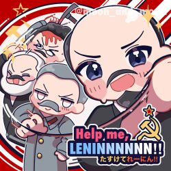 &gt;_&lt; 4boys :d animification bald beard black-framed_eyewear black_jacket blood blue_eyes blush closed_mouth coat commentary_request english_text facial_hair formal_clothes glasses grey_coat grey_hair hammer_and_sickle help_me_erinnnnnn!! highres ice_pick jacket joseph_stalin karl_marx leon_trotsky looking_at_viewer male_focus moon_and_mochi multiple_boys mustache open_mouth real_life short_hair smile soviet sparkle star_(symbol) suit upper_body vladimir_lenin white_eyes