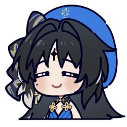 1girl beret black_bow blue_hat bow chinese_commentary closed_eyes closed_mouth commentary_request hair_bow hat kohane_kun large_variant_set long_hair lowres mole mole_under_eye parted_bangs portrait simple_background smile solo tacet_mark_(wuthering_waves) variant_set white_background wuthering_waves yangyang_(wuthering_waves)