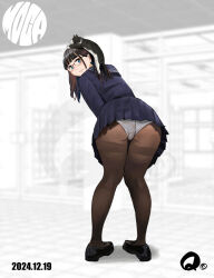 1girl animal animal_on_head ass black_pantyhose black_serafuku black_shoes black_skirt blue_eyes blunt_bangs blurry blurry_background brown_hair cat cat_on_head dated indoors leaning_forward long_hair looking_at_viewer looking_back on_head original panties pantyhose pantylines pantyshot q98780409 school_uniform serafuku shoes skirt smile standing underwear watermark