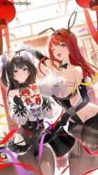 2girls ;d absurdres adjutant_(snowbreak) animal_ears arm_up artist_request bare_shoulders black_bow black_bowtie black_gloves black_hairband black_leotard black_pantyhose blonde_hair blue_eyes blunt_bangs bow bowtie breasts brown_hair butterfly_hair_ornament chinese_new_year cleavage closed_mouth collarbone commentary confetti detached_collar detached_sleeves english_commentary fake_animal_ears fingerless_gloves gloves hair_ornament hairband hat highres hip_vent holding holding_unworn_clothes holding_unworn_hat indoors large_breasts leotard leotard_under_clothes logo long_hair looking_at_viewer magic_trick multicolored_hair multiple_girls official_alternate_costume official_art one_eye_closed open_mouth pantyhose paper_cutout rabbit_ears red_hair second-party_source shirt sidelocks siris_(snowbreak) sleeveless sleeveless_shirt smile snowbreak:_containment_zone standing standing_on_one_leg streaked_hair swept_bangs tess_kotkin top_hat two-tone_hair two_side_up unworn_hat unworn_headwear white_shirt white_sleeves wrist_cuffs yellow_eyes