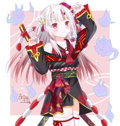 1girl arisuuuuu.1436 hololive horns katana long_hair multicolored_hair nakiri_ayame oni sword two-tone_hair virtual_youtuber weapon will-o&#039;-the-wisp_(mythology)