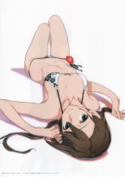 1girl absurdres arm_up artbook bikini black_eyes breasts brown_hair collarbone ears_visible_through_hair floral_print flower grey_eyes groin hair_between_eyes hairband hand_on_own_cheek hand_on_own_face highres long_hair looking_at_viewer looking_back looking_to_the_side low_twintails lying navel official_art on_back print_bikini red_hairband robotics;notes scan shadow short_twintails side-tie_bikini_bottom simple_background small_breasts smile solo stomach swimsuit tennouji_nae thigh_gap thighs twintails white_background white_bikini