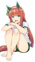 Rule 34 | 1girl, animal ears, barefoot, blunt bangs, buruma, ear covers, full body, green buruma, green eyes, gym shirt, gym uniform, hairband, highres, hime cut, horse ears, horse girl, horse tail, long hair, looking at viewer, open clothes, open shirt, orange hair, ponzu rui, shirt, silence suzuka (umamusume), simple background, sitting, smile, solo, t-shirt, tail, umamusume, white background, white hairband, white shirt