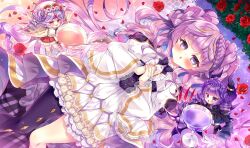 3girls angel angel_and_devil angello_vaalmonica black_pantyhose blonde_hair breasts cup demon_girl dimonno_vaalmonica double_bun dress drill_hair duel_monster flower hair_bun large_breasts long_hair lying mini_person multicolored_hair multiple_girls on_back own_hands_clasped own_hands_together pantyhose purple_eyes purple_hair red_eyes red_flower red_hair red_rose rose selettrice_vaalmonica single_leg_pantyhose streaked_hair suzunone_rena twin_drills two-tone_hair very_long_hair white_dress yu-gi-oh!