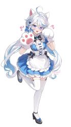 1girl :d ahoge alternate_costume alternate_hairstyle animal_ears animal_hands apron black_shoes blue_bow blue_dress blue_eyes blue_hair blue_pupils blush bow cat_ears commentary dress drop-shaped_pupils enmaided foot_out_of_frame footwear_bow frilled_apron frilled_hairband frills full_body furina_(genshin_impact) genshin_impact gloves hair_between_eyes hairband hands_up heterochromia highres kemonomimi_mode long_hair looking_at_viewer low_twintails maid maid_apron maid_headdress miho_(mymiho) multicolored_hair open_mouth paw_gloves shoes signature simple_background smile solo standing standing_on_one_leg streaked_hair symbol-shaped_pupils thighhighs twintails twitter_username very_long_hair white_apron white_background white_hair white_hairband white_thighhighs