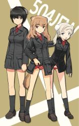 00s 3girls animal_ears black_hair black_socks blouse blue_eyes breast_pocket brown_eyes brown_hair fernandia_malvezzi grey_eyes jacket kneehighs luciana_mazzei martina_crespi multiple_girls no_pants panties pocket red_panties red_shirt shimada_fumikane shirt socks strike_witches strike_witches:_kurenai_no_majo-tachi tail underwear white_hair world_witches_series