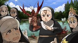 6+girls :&lt; :o @_@ animal animal_on_head basket bird blonde_hair blue_eyes brown_eyes brown_hair bush cat catfish chicken clumsy_nun_(diva) commentary crayfish diva_(hyxpk) drooling duck duckling english_commentary fish freckles froggy_nun_(diva) glasses glasses_nun_(diva) grey_hair habit highres holding holding_animal hungry_nun_(diva) little_nuns_(diva) mouth_drool multiple_girls nervous_sweating nun on_head outdoors pinching pointing pond praying_mantis reflection round_eyewear sheep_nun_(diva) slice_of_life star_nun_(diva) star_ornament sun surprised sweat thumbs_up traditional_nun tree triangle_mouth wet wet_clothes