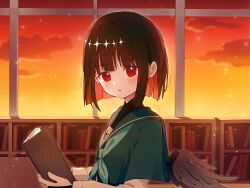 1girl black_hair black_wings blunt_bangs blush book bookshelf classroom commentary_request feathered_wings green_neckerchief green_sailor_collar green_shirt highres holding holding_book long_sleeves looking_at_viewer neckerchief nene_man open_mouth original red_eyes sailor_collar school_uniform serafuku shirt short_hair sidelocks solo upper_body wings