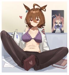 2girls absurdres agnes_tachyon_(umamusume) ahoge animal_ears black_pantyhose box box_of_chocolates bra breasts brown_hair chemical_structure cleavage closed_mouth coat coat_partially_removed collarbone commentary_request daiwa_scarlet_(umamusume) earrings feet hair_between_eyes heart highres holding_with_feet horse_ears horse_girl horse_tail indoors jewelry lab_coat large_breasts long_hair messy_hair multiple_girls navel pantyhose puffy_short_sleeves puffy_sleeves purple_bra purple_shirt red_eyes school_uniform shirt short_hair short_sleeves single_bare_shoulder single_earring sitting sleeves_past_fingers sleeves_past_wrists smile soles solo_focus summer_uniform tail toes tracen_school_uniform twintails umamusume underwear white_coat xiao_juicai