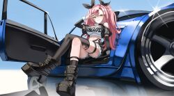 1girl black_boots black_jacket black_ribbon black_shorts black_sleeves black_socks black_thighhighs blush boots car clothing_cutout cropped_jacket cropped_shirt crossed_legs detached_sleeves from_below green_eyes grin hair_ribbon high_heel_boots high_heels highres irv_v12 jacket looking_at_viewer motor_vehicle navel nicole_demara pink_hair ribbon shirt short_sleeves shorts shoulder_cutout single_thighhigh sitting smile socks solo thigh_strap thighhighs torn_clothes torn_thighhighs v white_shirt zenless_zone_zero